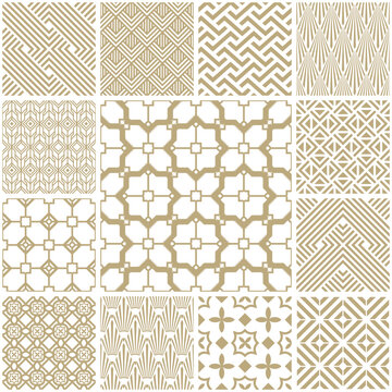 Vector Art Deco seamless patterns collection. Set of geometric ornamental patterns in gold on white background. Cute trendy textures. Patchwork. Modern design for Wallpaper, Fabric, Website Background