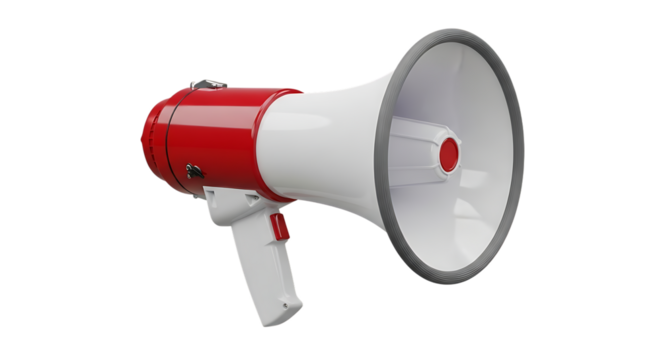 Red and white megaphone, with grey trim and red button, isolated on white or transparent background. PNG