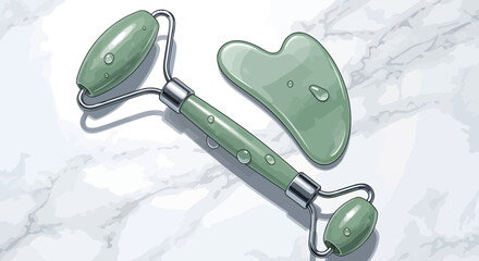 Close-up of jade roller and gua sha tools on marble surface, facial massage and relaxation concept