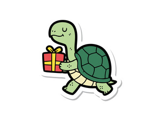 Fototapeta premium Cartoon tortoise carrying gift box isolated