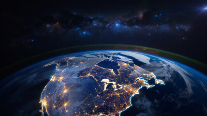 Obraz premium Planet earth from space with city lights and starry sky satellite