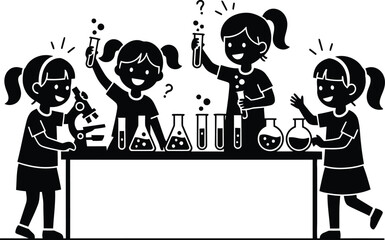 Silhouette of children doing science experiments in classroom — STEM education and learning vector illustration
