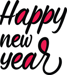 Happy New Year calligraphy on a black background. Golden hand-drawn text, red and black