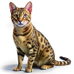 Isolated Bengal Tabby Cat Portrait – Head and Shoulders Pose Facing Camera.Bengal Tabby Cat Headshot – Isolated on White Background