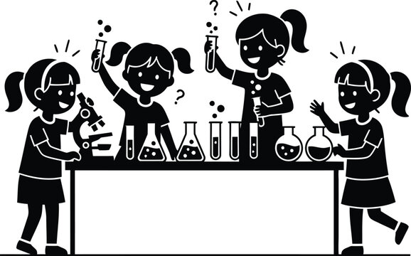 Silhouette of children doing science experiments in classroom — STEM education and learning vector illustration
