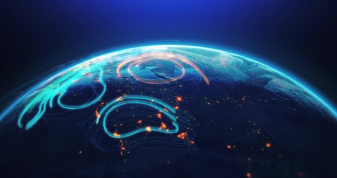 Planet Earth data visualization showing global technology connections. Technology related 3d animation. - Powered by Adobe