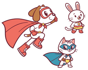 Obraz premium Cartoon superhero dog, cat, and rabbit