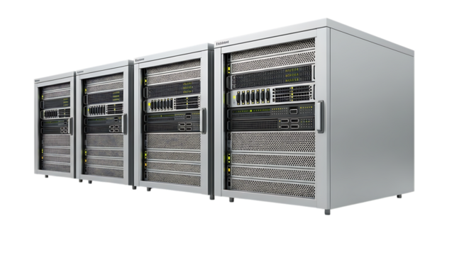 Row of server racks, with illuminated status lights and perforated fronts, isolated on white or transparent background. PNG