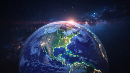 Earth from space with sunrise over north america and galaxy satellite