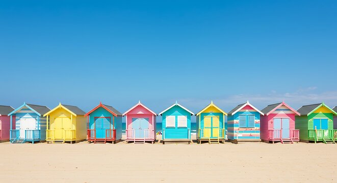 Colorful beach huts along sandy shore under bright blue sky