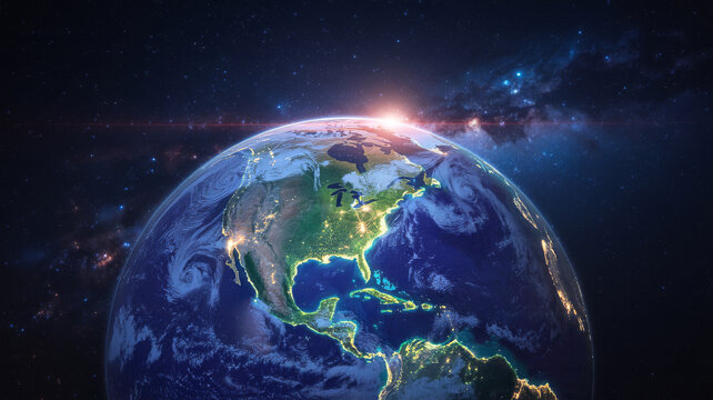 Earth from space with sunrise over north america and galaxy satellite