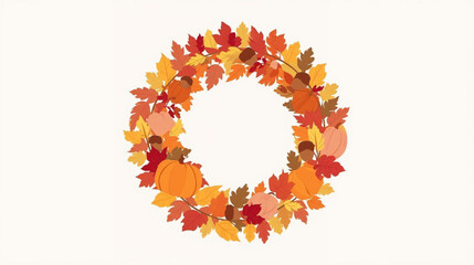 Celebrate fall with a beautiful wreath of colorful leaves, acorns, and pumpkins, perfect for seasonal greetings and Thanksgiving designs.