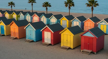Colorful beach huts in rows at seaside with palms and ocean in background