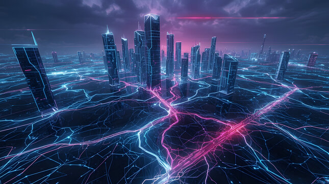 Futuristic Cityscape Network Connection Digital Grid Infrastructure High Tech Urban Landscape Cyberpunk Architecture Data Transmission Communication System