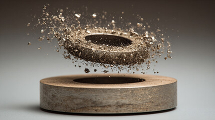 Hyperrealistic depiction of metallic dust particles suspended by a magnet, highlighting magnetic forces, levitation, and dynamic scientific phenomena.