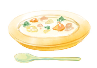 出来立てで暖かく美味しそうなクリームシチューとスプーンの手描き水彩イラスト