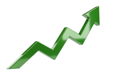 3 D Shiny Green Arrow Graph Showing Upward Trend isolated on a transparent background growth increase