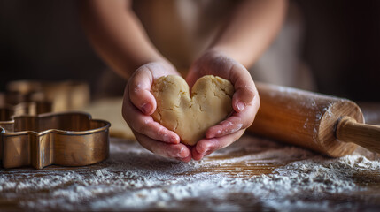 Child's hands tenderly hold a heart-shaped dough, baking cookies with love, flour dusting the wooden table around them.