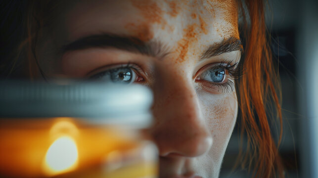 Close up of a person's concerned eyes looking at a recalled jar of ground cinnamon to represent food safety warnings and consumer health anxiety