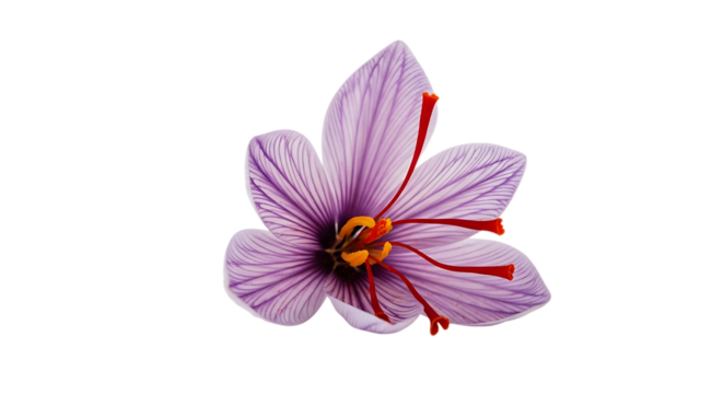 Delicate purple saffron crocus flower with vibrant red stigmas and yellow anthers isolated on a transparent background