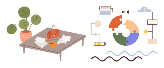 Table with plant, bag, documents, and beverage paired with detailed process diagram of vibrant flowchart elements. Ideal for productivity, work organization, planning, business strategy, education