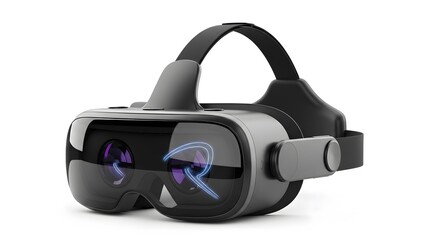 A close-up shot of a modern VR headset, perfect for immersive experiences and virtual reality applications. The device showcases sleek design and technological innovation