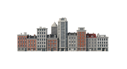 Row of diverse architectural buildings with varied heights and styles isolated on a transparent background