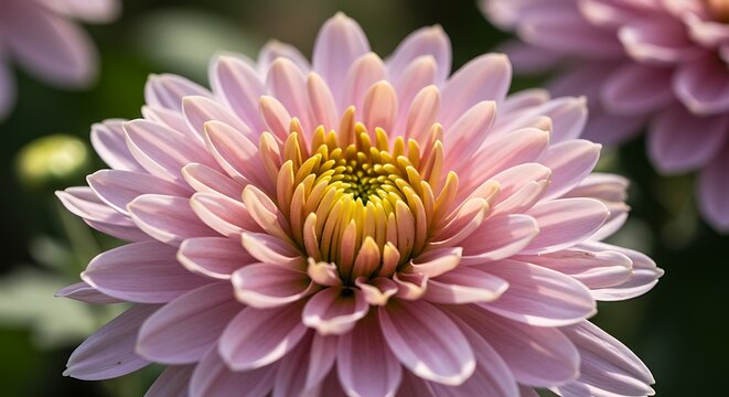 Close up of a pink chrysanthemum flower in bloom with yellow center
