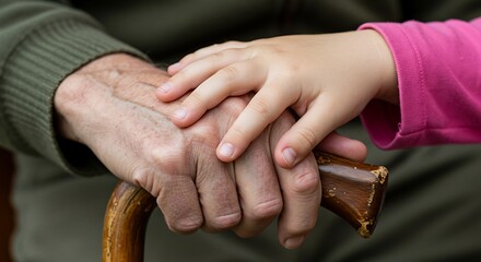 Childs hand resting on elderly persons hand showing connection