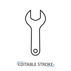 A wrench icon in a minimalist line style with editable stroke. Repair tool, spanner, construction equipment, mechanical instrument, hardware, DIY project, workshop symbol, mechanic tool, plumbing.
