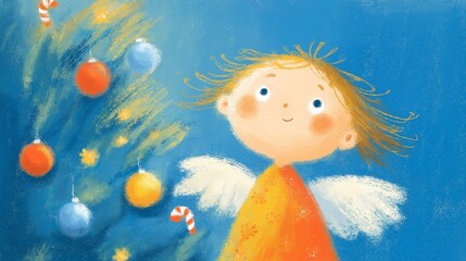fairytale story book art illustration, cute  angel with Christmas tree