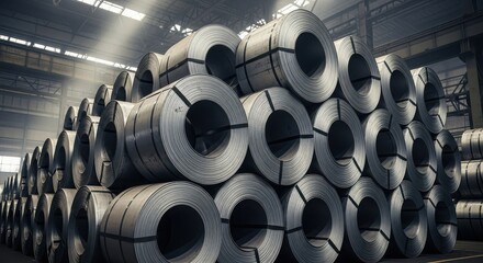 A large stack of rolled steel coils are stored in a warehouse with sunlight streaming through the roof