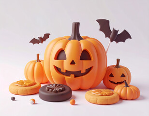 halloween pumpkin and Dessert. 3d snacks and cookies.