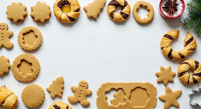 Assortment of festive cookies on a white surface with copy space for holiday design