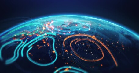 Abstract glowing lines moving over Earth surface representing data flow. Technology related 3d animation. - Powered by Adobe