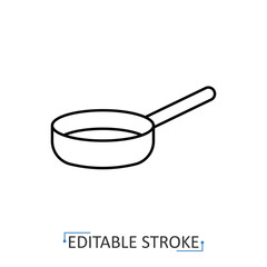 A frying pan icon in a minimalist line style with editable stroke. Kitchen cookware, cooking utensil, household equipment, restaurant food preparation, breakfast meal, hot skillet.