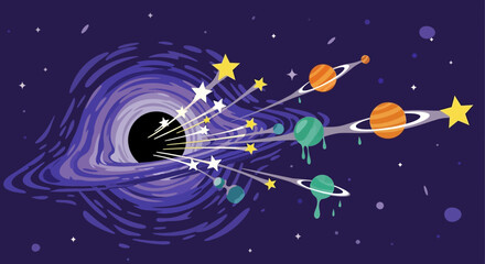 Cartoon Black Hole Devouring Planets and Stars in Space.