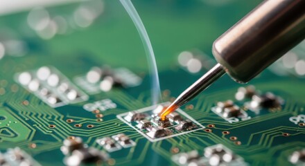 Close up of soldering iron making a connection on a circuit board with smoke isolated on white background