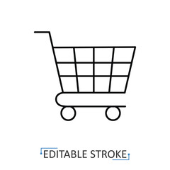 A shopping cart icon in a minimalist line style with editable stroke. Supermarket trolley, e-commerce symbol, online store basket, retail purchase, buy button, add to cart concept, grocery shopping.