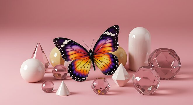 Colorful butterfly with geometric shapes on a pink background - Powered by Adobe