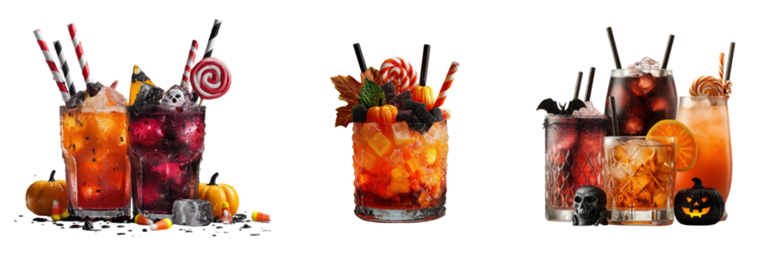 Halloween cocktails with candy and pumpkins isolated on a transparent background - Powered by Adobe