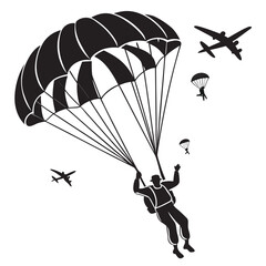 Skydiving Vector Silhouette – Extreme Parachute Jump Freefall Illustration