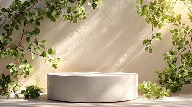 Photorealistic 3D render of a white podium in soft natural sunlight with leaf shadows and green vines, creating a serene, minimalist setting for premium beauty or wellness products.
