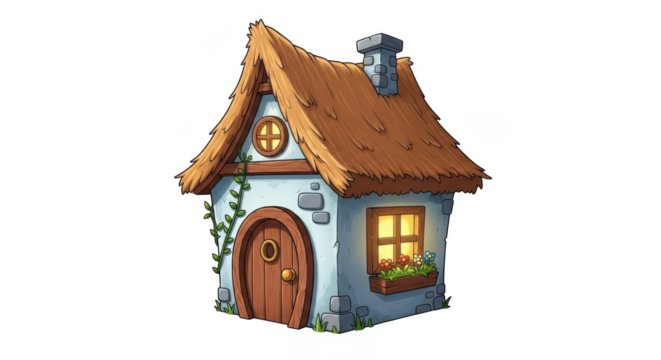 Whimsical cartoon cottage with cozy glowing windows and rustic wooden door