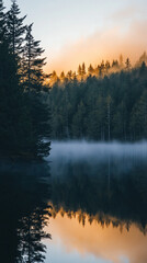 Fototapeta premium Hyperrealistic view of a serene lake at dawn, with mist gently rising, capturing tranquil morning light and atmospheric calm.