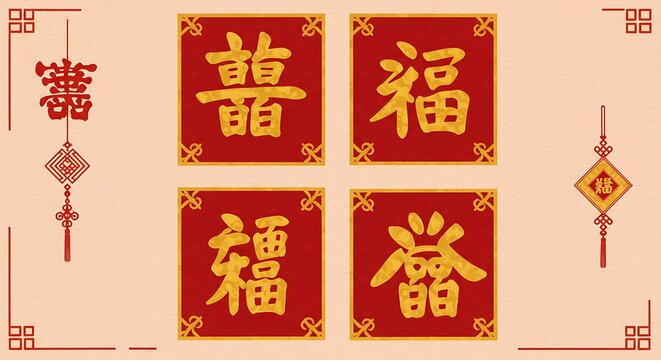 Chinese new year festive decorations and symbols on beige background