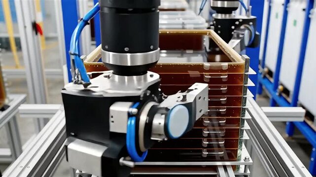 Time-lapse of robotic arms stacking and sealing cell frames in an automated all-iron flow battery factory line, showcasing precision engineering and next-generation clean energy manufacturing process.