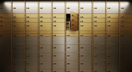 A wall of safety deposit boxes with one open, representing security, banking, and the protection of valuables in a vault