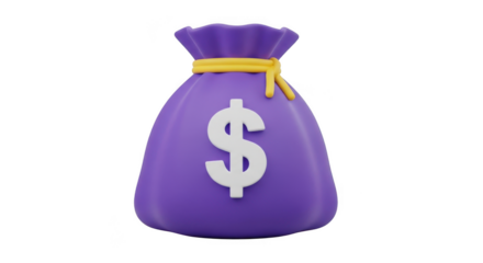3d purple money bag with dollar symbol icon for finance and wealth concepts isolated