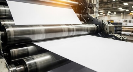 Close up of paper rolling through an industrial printing press in a factory with bright light shining from above the machine